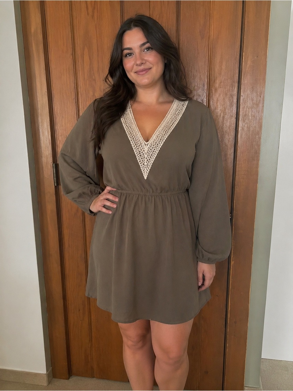 NWT Chic Long Sleeve V-Neck Dress in Olive